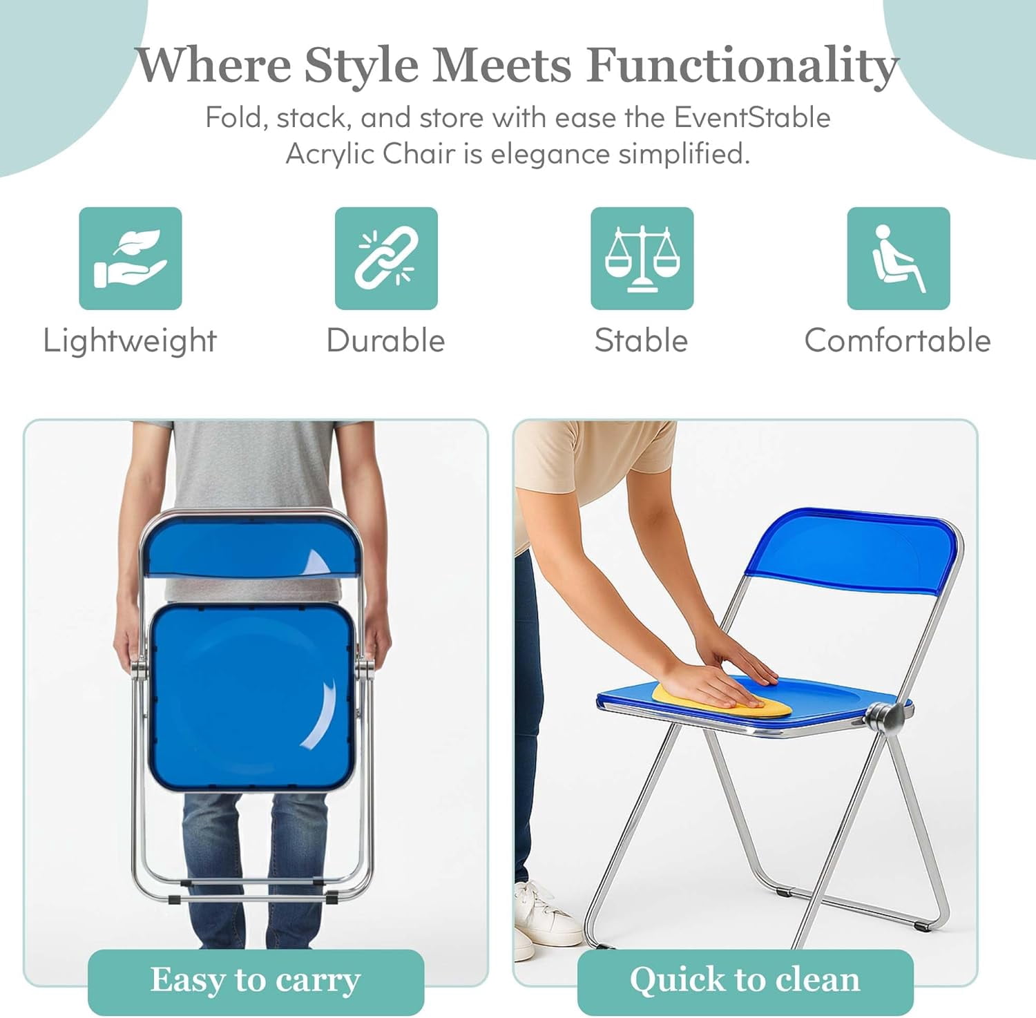 EventStable Clear Acrylic Folding Chair with Electroplate Chrome Frame, Lightweight Portable Seating Stackable Comfortable Chair for Indoor Outdoor Dining, Events & Parties - Cobalt Blue - 4-Pack