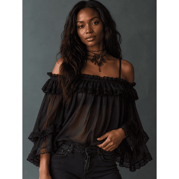 Women's Black Off Shoulder Chiffon Blouse, Ruffle Trim Sheer Long Sleeve Top