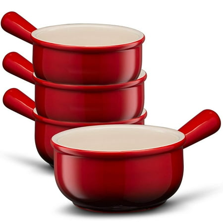 

Kook French Onion Soup Crock Ceramic Bowls 4-Piece Stoneware Kitchen Set Red Ombre