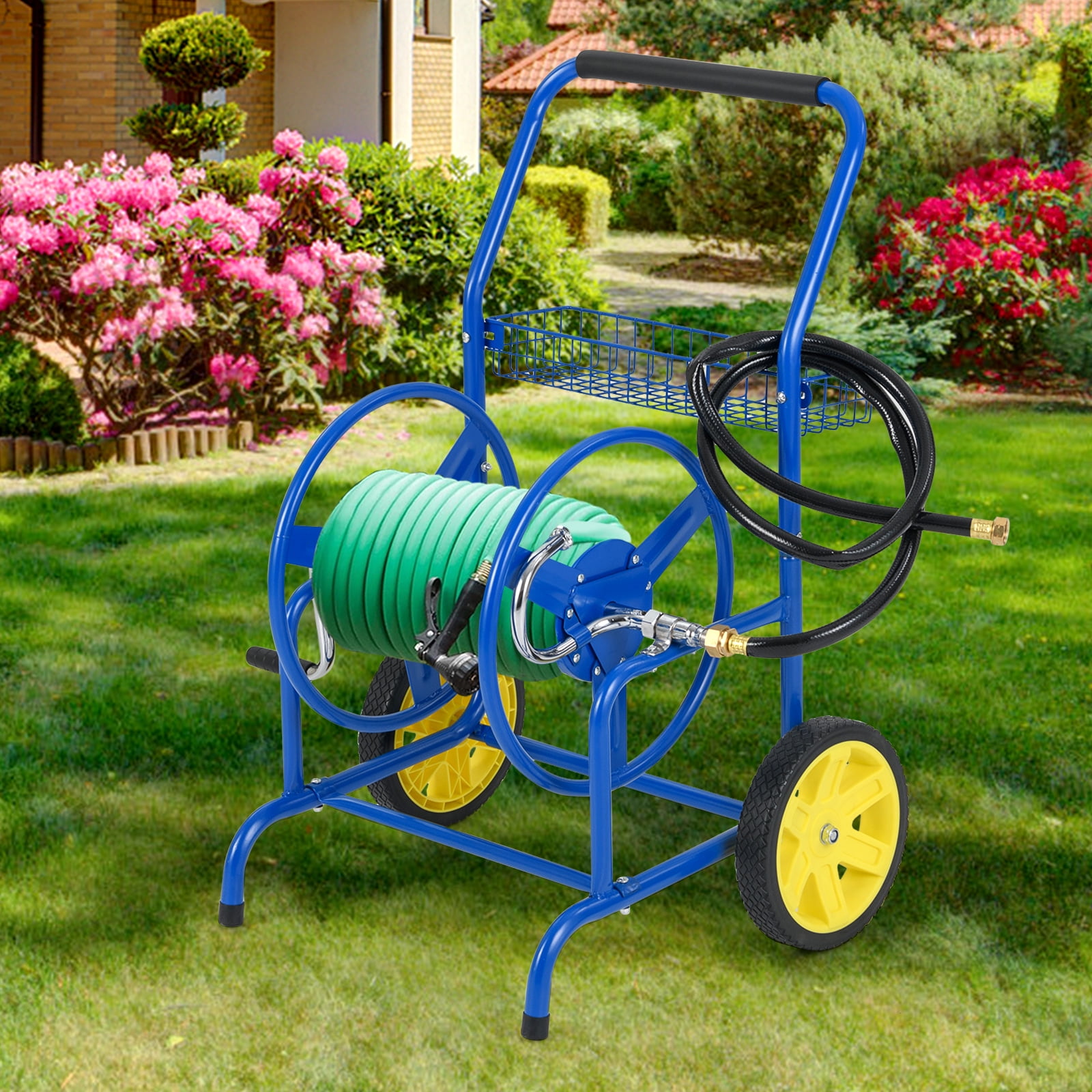 Gymax Garden Hose Reel Cart 230 FT of 5/8'' Large Capacity w/ 2 Wheels Storage Basket Blue