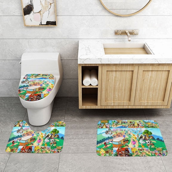3 Piece Bathroom Rugs Sets for Animal Crossing Quick Dry & Non-Slip Bath Mat Set Toilet Lid Cover Floor Mat