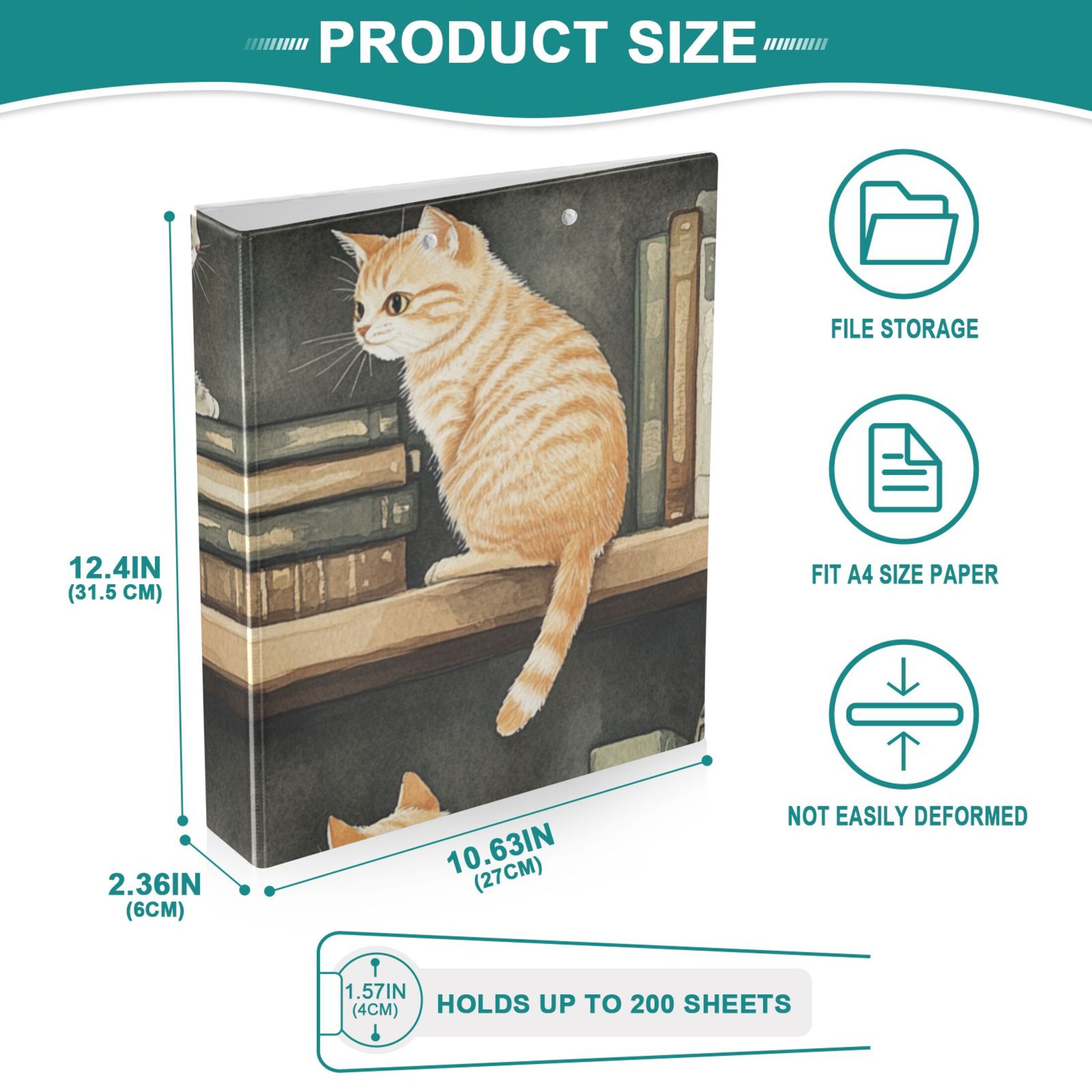 Cats and Books 3 Ring Binders 1.5 inch Hardcover File Folders with Interior Pockets A4 Size Organizer for School Office Hospital Set of 2