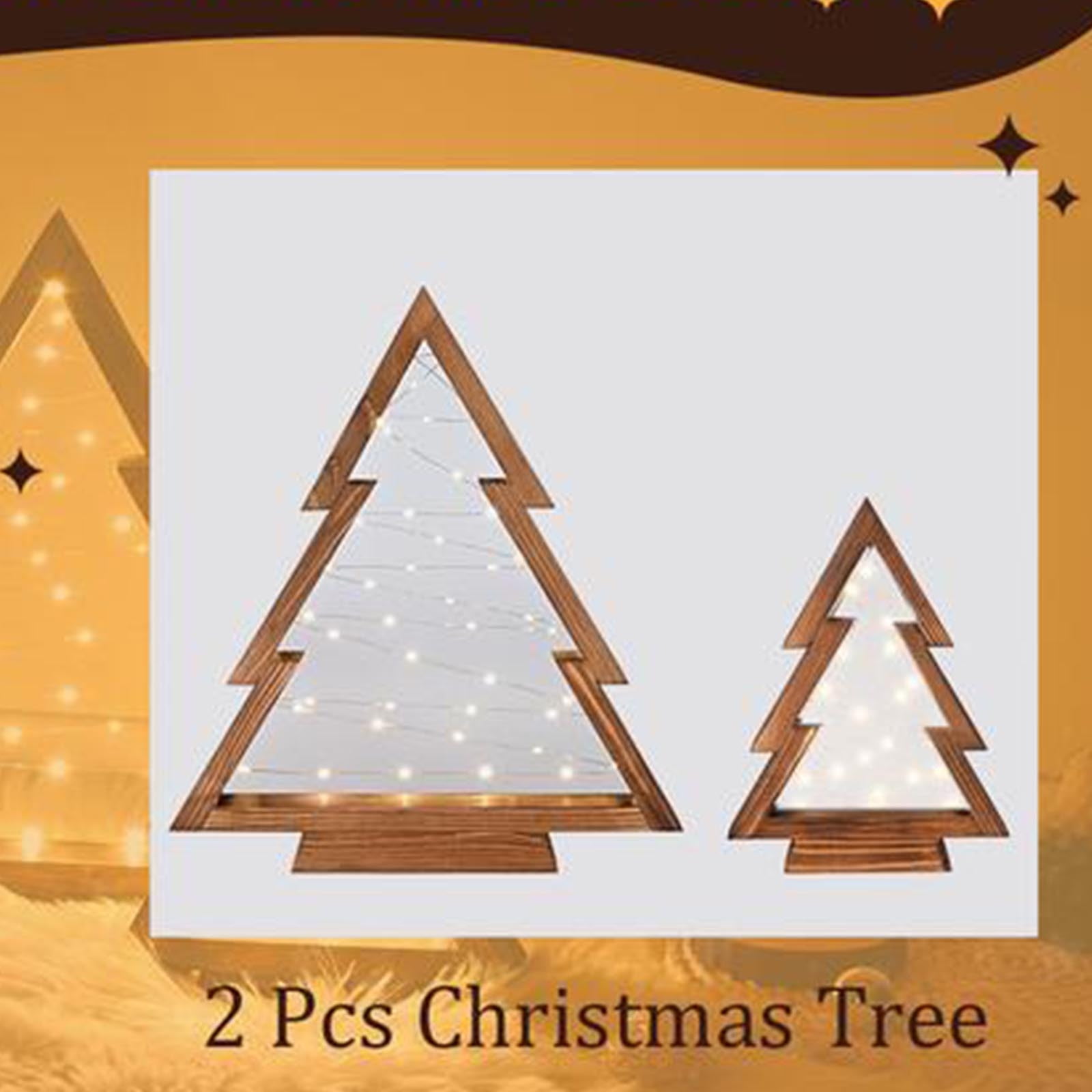 Under 50 Dollars! 2Pcs Christmas Tree Gold LED Wooden Light, Modern Farmhouse Tabletop Christmas Decor, Table Fireplace Mantle Shelf Decorations, Gifts for Women Men Friends(14.3" and 10.7" Tall)