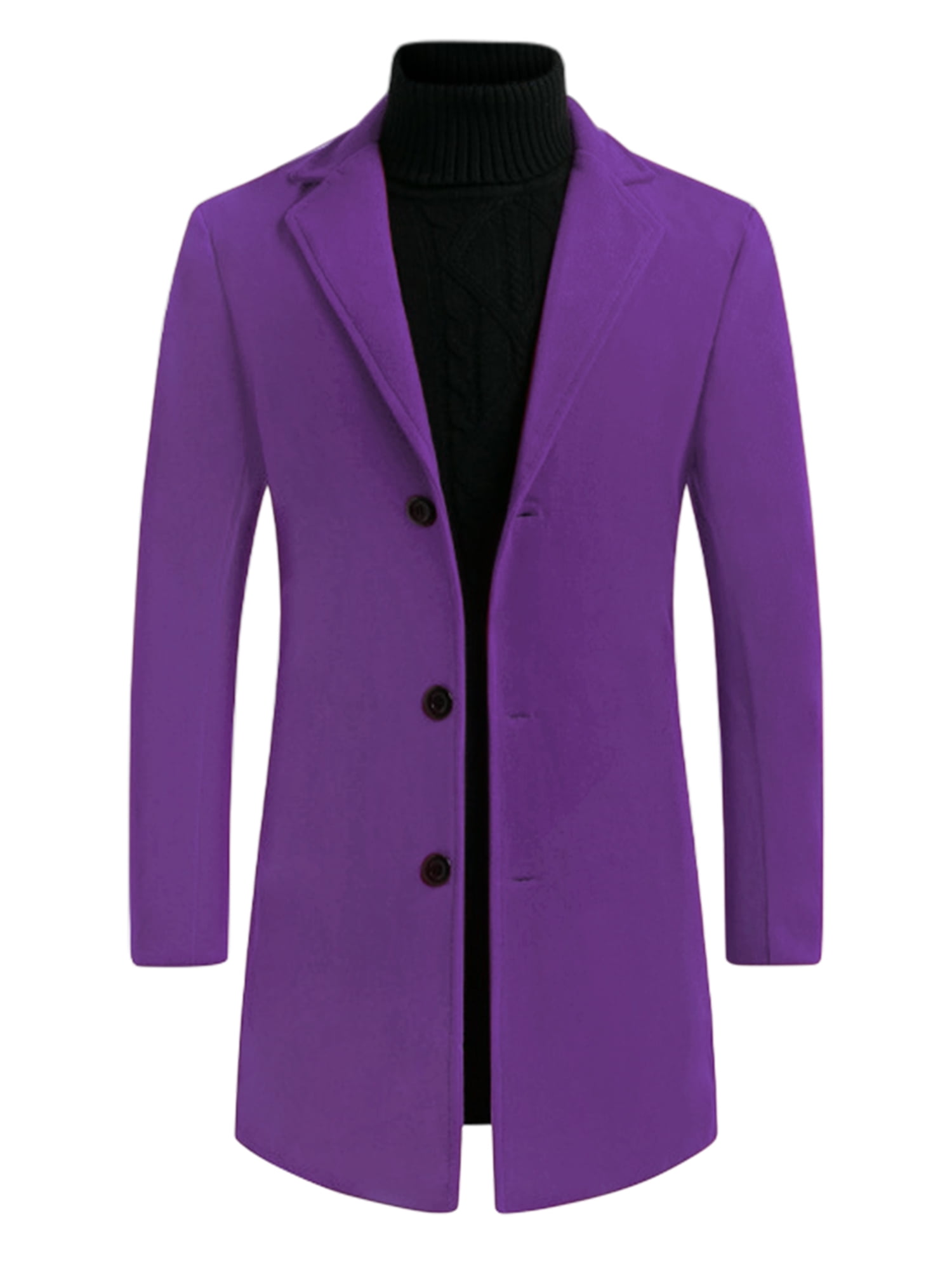 Unique Bargains Men's Slim Fit Notched Lapel Single Breasted Mid Length Overcoat XL Purple