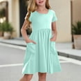 thumbnail image 2 of TQWQT Girls Cyan Dresses Summer Short Sleeve Plain Dress Size 10-12 Kids Crew Neck Party Dress Cute Girls Sundress Tween Girls T-Shirt Dress with Pockets Cyan 120, 2 of 8
