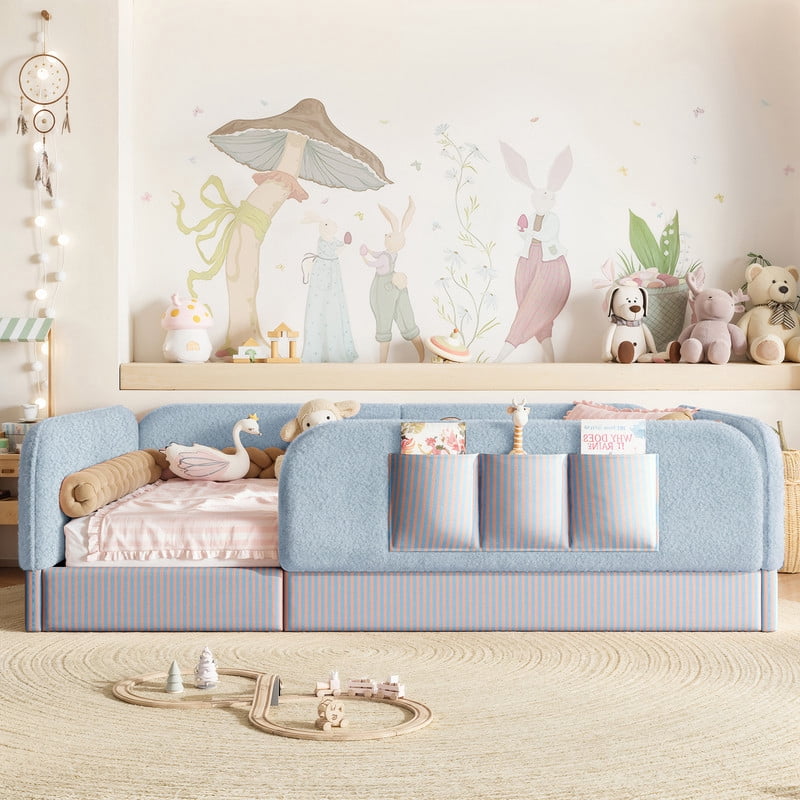 Full Size Kid's Upholstered Floor Bed Frame, Montessori-Style Low Profile Platform Bed with Safety Guardrail & Storage Pockets