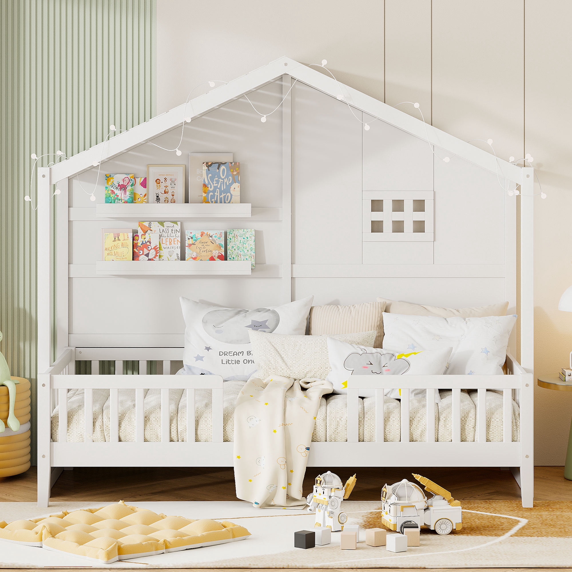 Mintazer Twin House Bed with LED String Lights & Storage Shelves, Toddler Montessori Bed Frame with Guardrails for Kids, White