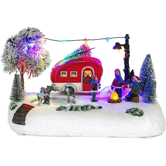 Animated Christmas Camper Village Building, Illuminated LED Light Christmas Village House Scene Holiday Collection Indoor Decorations for Table, Fireplace, and Shelf, Musical and Battery Operated
