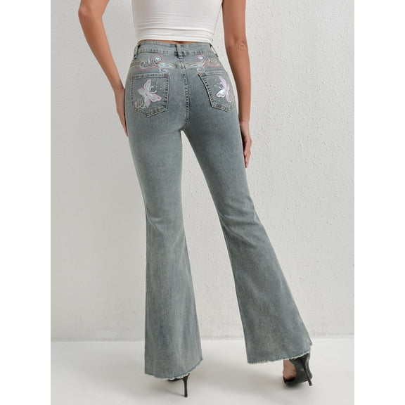 Fashionable Women's Denim Flare Leg Jeans with Sparkling Butterfly Sequin Details Casual Extra Long