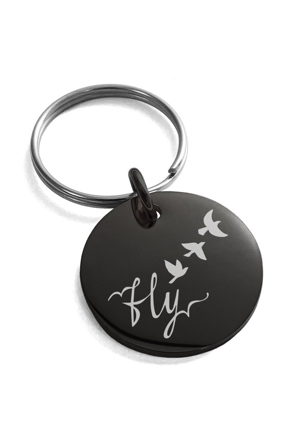 Stainless Steel Fly Away Engraved Small Medallion Circle Charm Keychain Keyring