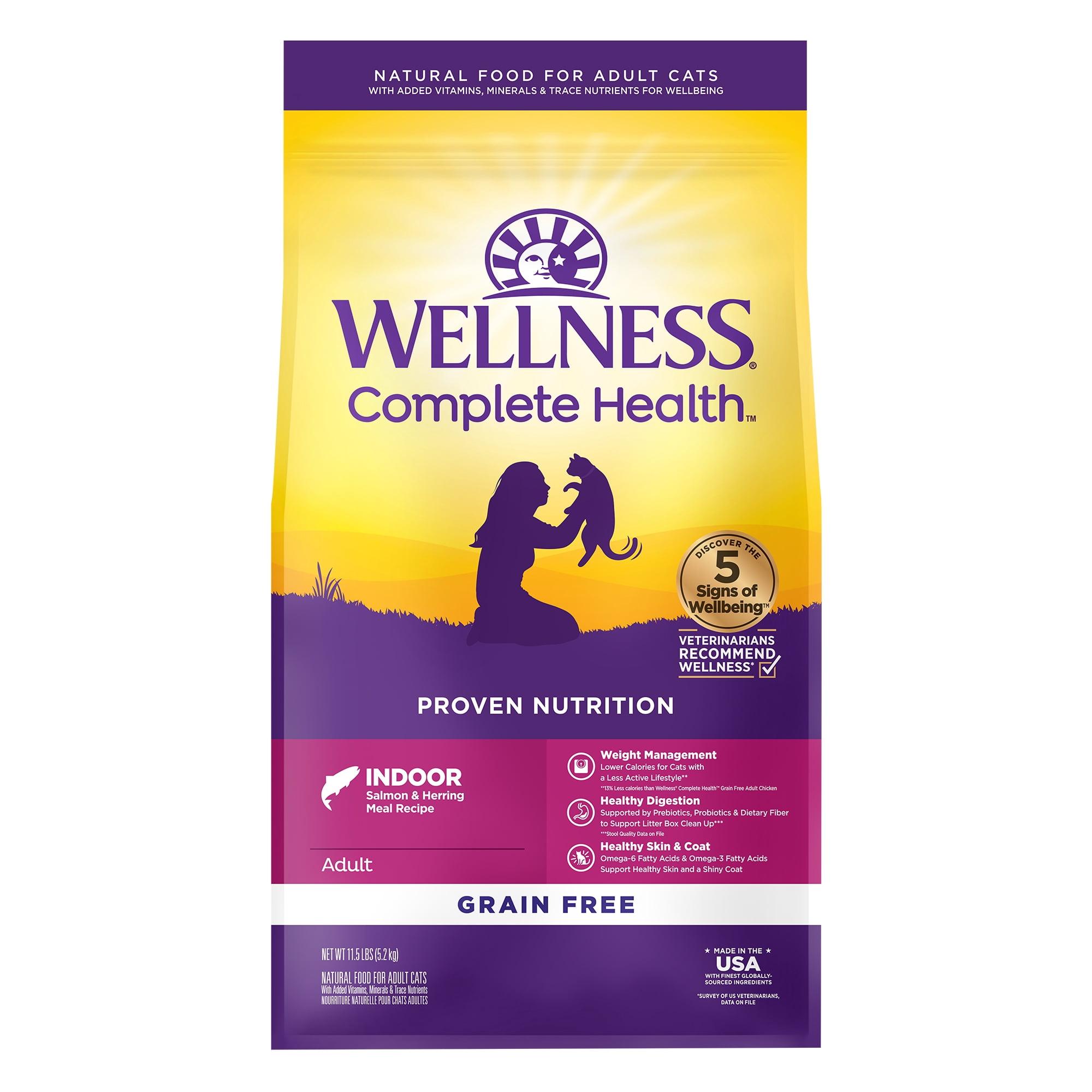 Wellness Complete Health Adult Dry Cat Food for Indoor Cats, Natural, Grain Free Kibble, Salmon and Herring Meal Recipe, 11.5 lb Bag