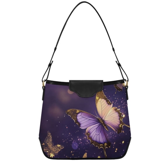 Purple Gold Butterflies Women's Tote Bag Convertible Handbags Hobo Shoulder Bag with Zipper Magnetic Snap