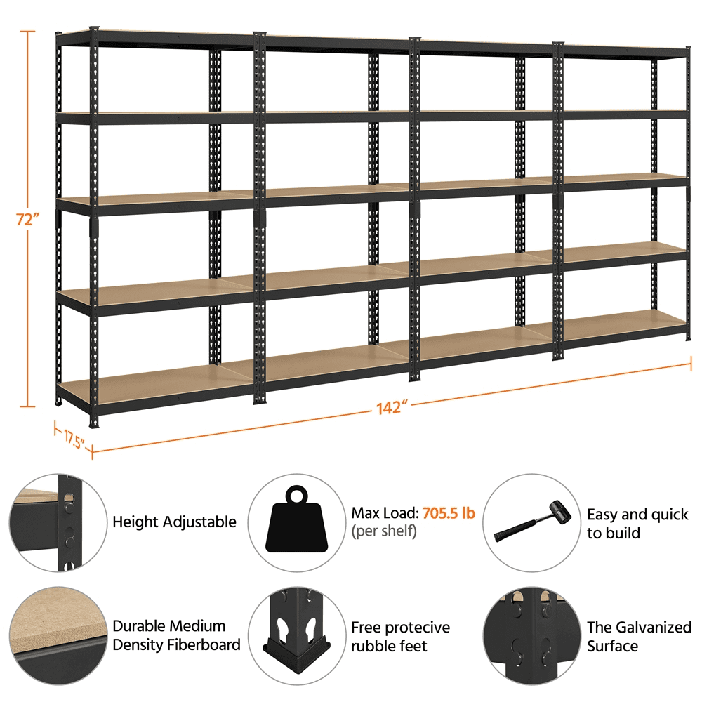Alden Design 5-Shelf Boltless & Adjustable Steel Storage Shelf Unit, Black, Holds up to 705 lb Per Shelf, 4 Pack