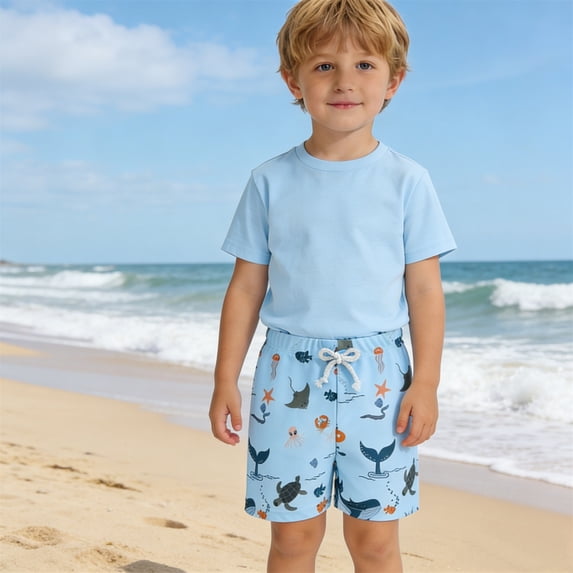 REDARER Boys 2 Piece Swim Set Solid Short Sleeve Rash Guard with Ocean Animal Print Swim Trunks Bathing Suit,18-24 Months