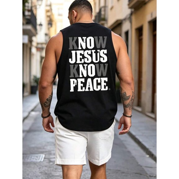 Black Mens Graphic Print Muscle Tank Top - Know Jesus Know Peace Design