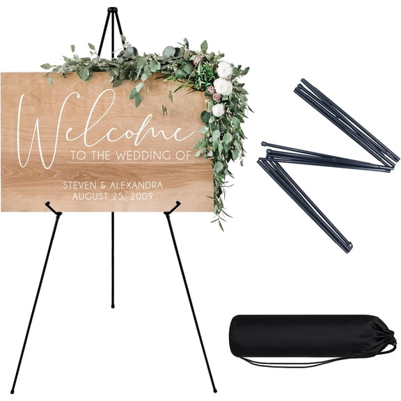 Black Easel Stand for Wedding Sign, Poster Stand for Display, Collapsible Art Easel for Painting, Floor Standing Easels for Birthday, Shower Party, 66 Inch, Supports 6 Pounds, 1 count