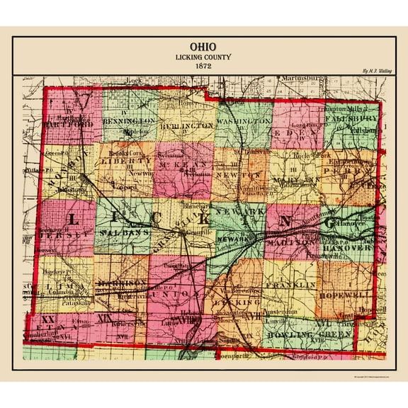 Historic County Map - Licking County Ohio - Walling 1872 - Vintage Wall Art