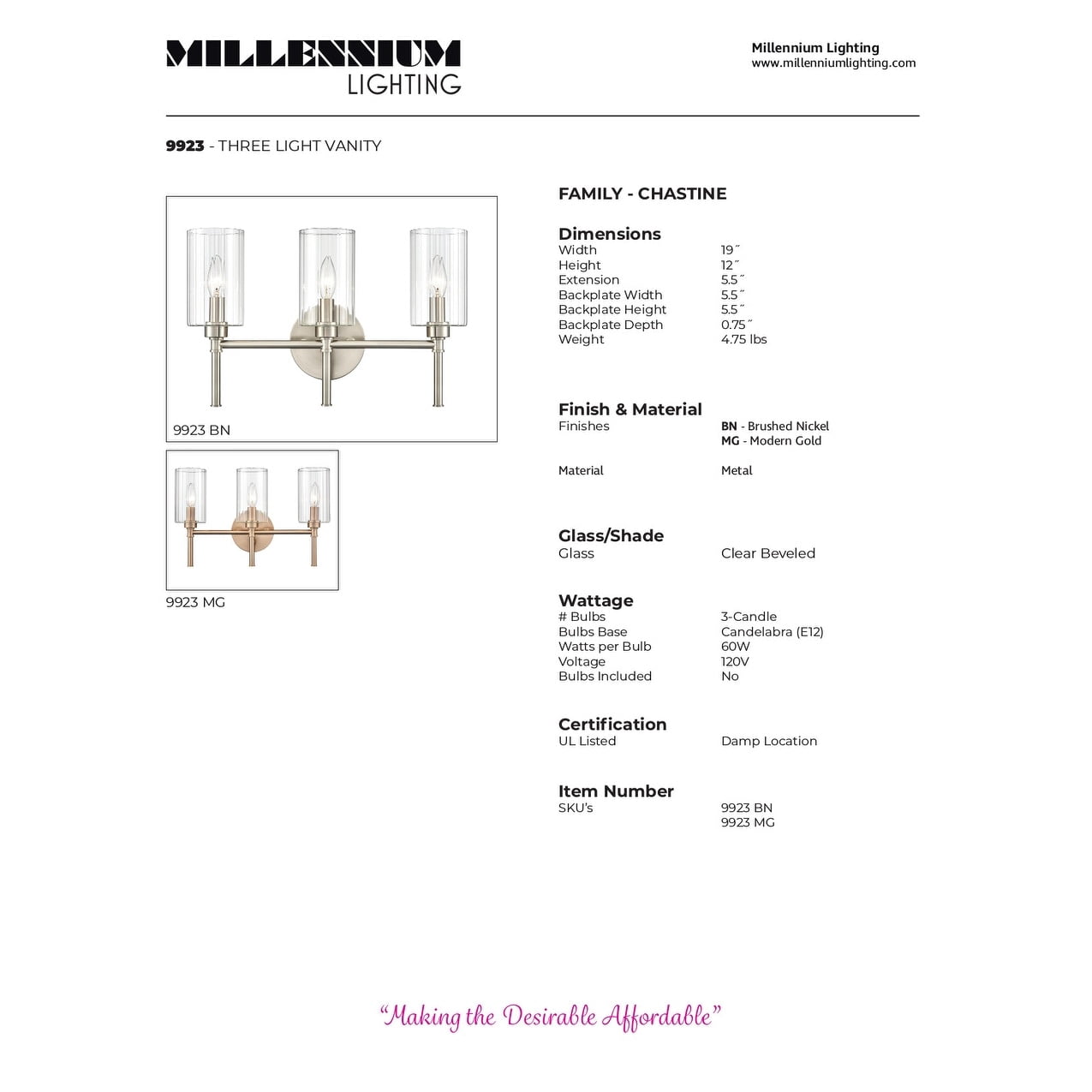 Millennium Lighting  Chastine Bathroom Vanity Light Fixture with Clear Beveled Glass Shades 3 Light - Modern Gold