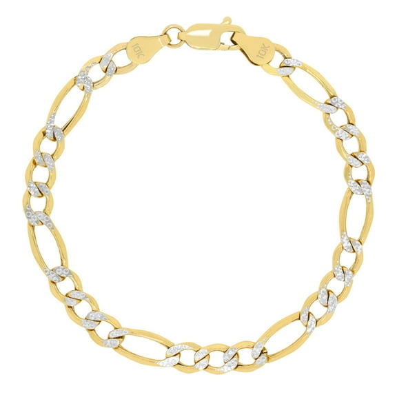 Nuragold 10k Real Yellow Gold Figaro Link 5.5mm Diamond Cut Two Tone Pave Chain Bracelet (7"-9") Italian Jewelry for Men & Women