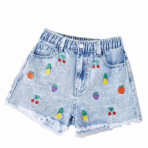 BOOMNY Girls Short Jeans Wide Leg Denim Shorts for Kids Trendy Elastic Waist Embroidery Cozy Short Jeans With Pockets