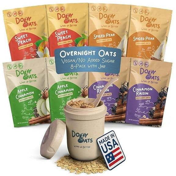 Dozy Oats Overnight Oats Vegan No Added Sugar Variety 8-Pack With Jar - Gluten-Free, Source of Fiber and Protein
