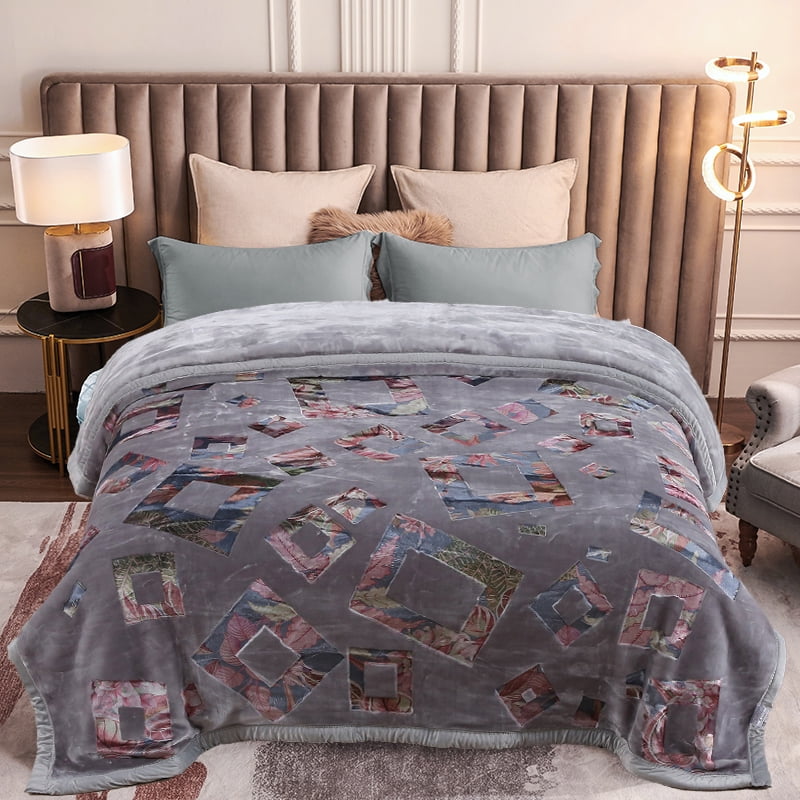 Heavy Thick Fleece Blanket King Size, 10.5lbs,2 Ply A & B Pattern Silky Soft Warm Reversible Raschel Winter Blanket, Minky Soft Plush Blanket for Sofa Bed, 87"x94", Gray