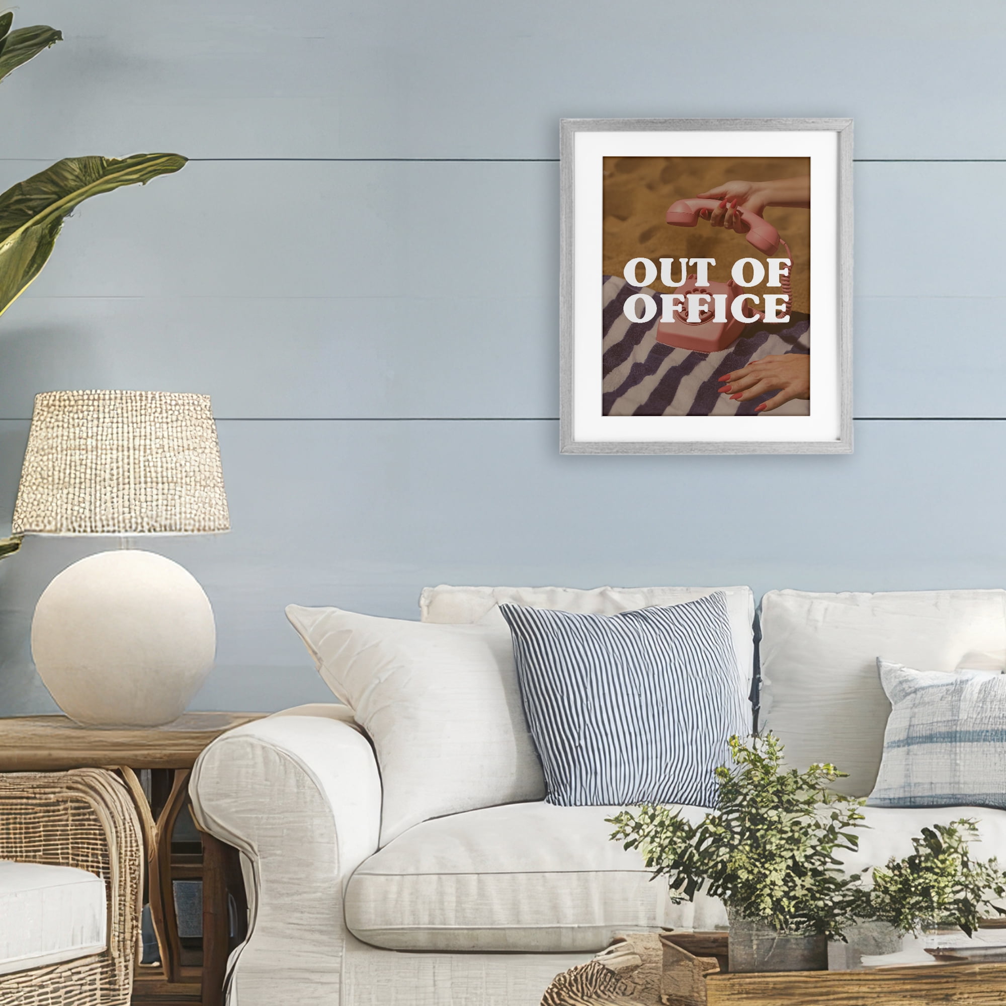 Out of Office Pink Phone Gray Framed Print Under Glass, design by Lil' Rue