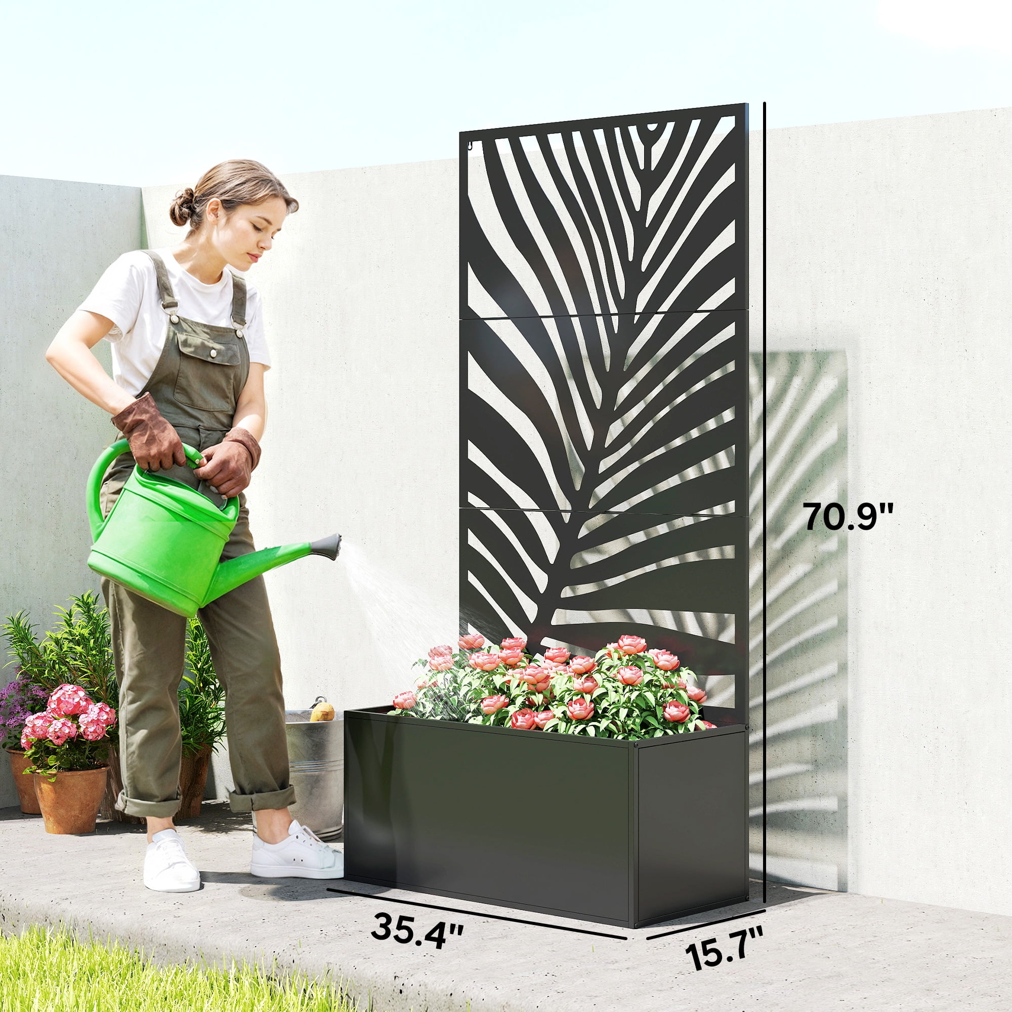 Outsunny Metal Planter Box with Trellis, Raised Garden Bed with Privacy Screen for Climbing Plants, Leaf Cut-Out Privacy Planter