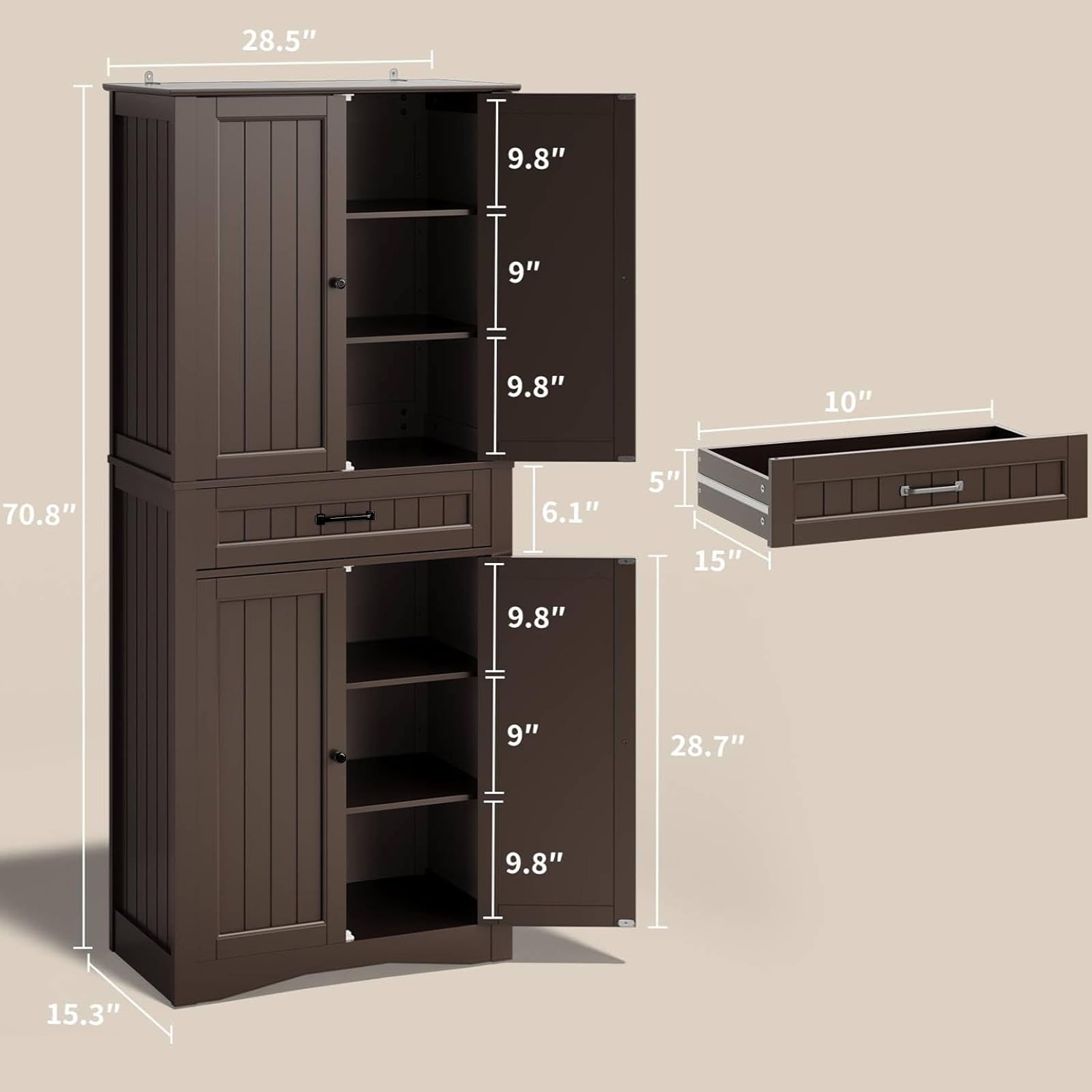 Aiho 71" Kitchen PantryStorage Cabinet with 4 Doors and 4 Adjustable Shelves, Dark Brown