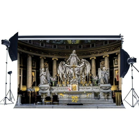 Image of ABPHOTO Polyester 7x5ft Luxurious Church Backdrop Ancient Statue Backdrops Cross Retro Pillars Interior Photography Background for Religion Culture Person Pray Lover Wedding Photo Studio Props
