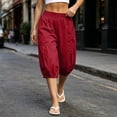 thumbnail image 6 of Noric Women's High Waisted Casual Capri Pants Elastic Waist with Pockets Loose Fit Cropped Boho Beach Cuffed Trousers, 6 of 9