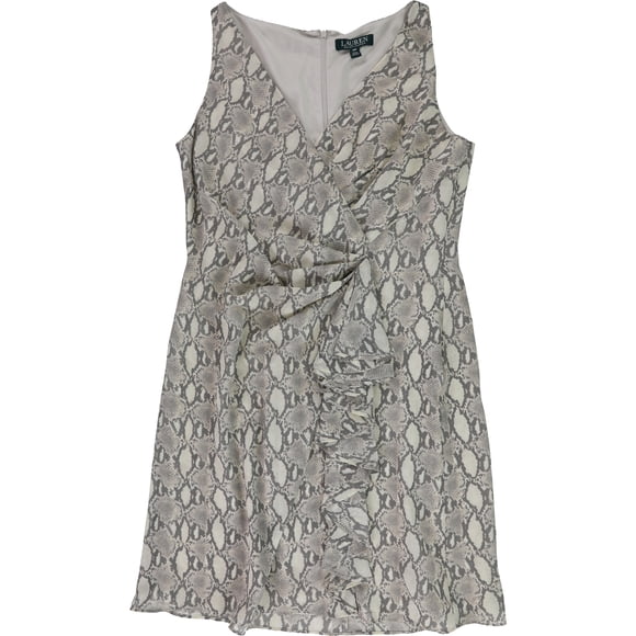 Ralph Lauren Womens Ruffled Print Sheath Surplice Dress gray 10P