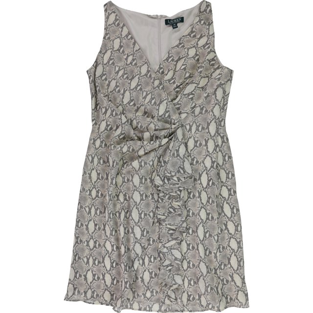 Ralph Lauren Womens Ruffled Print Sheath Surplice Dress gray 10P