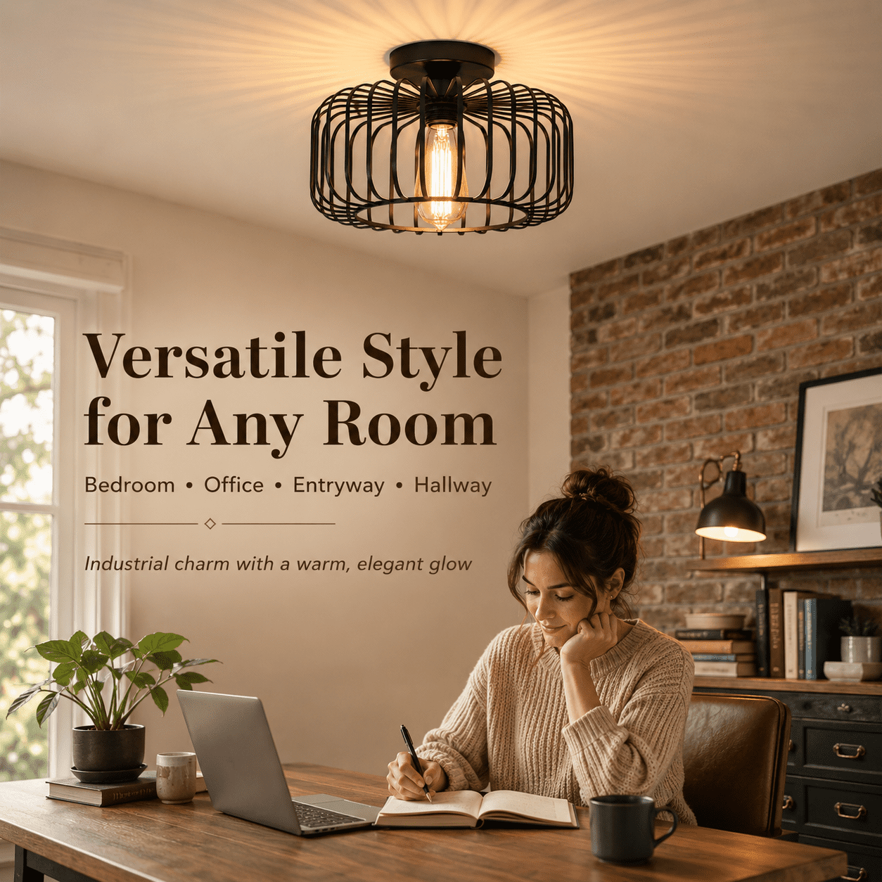 DONGPAI 11.8" Black Cage Mini Chandelier with LED Bulb, Flush Mount Ceiling Light Industrial Kitchen Light Fixtures for Hallway Bedroom Dining Room