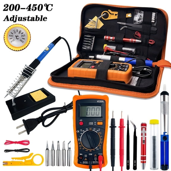 15/19pcs 60W Electrical Soldering Iron Kit - US Plug, Adjustable Temperature 200-450°C Welding Tool (15pcs Version Excludes Multimeter)