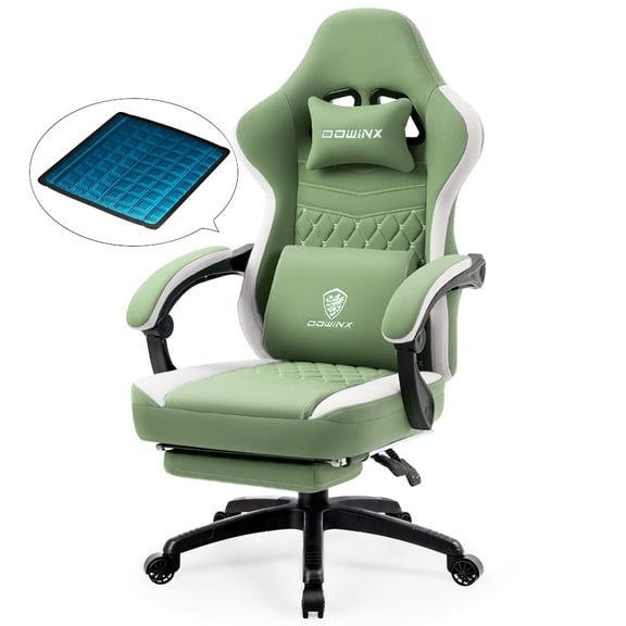 Dowinx Gaming Chair with Pocket Spring Cushion, Breathable Fabric Computer Chair with Gel Pad, Comfortable Office Chair with Storage Bag, Massage Game Chair with Footrest, Green