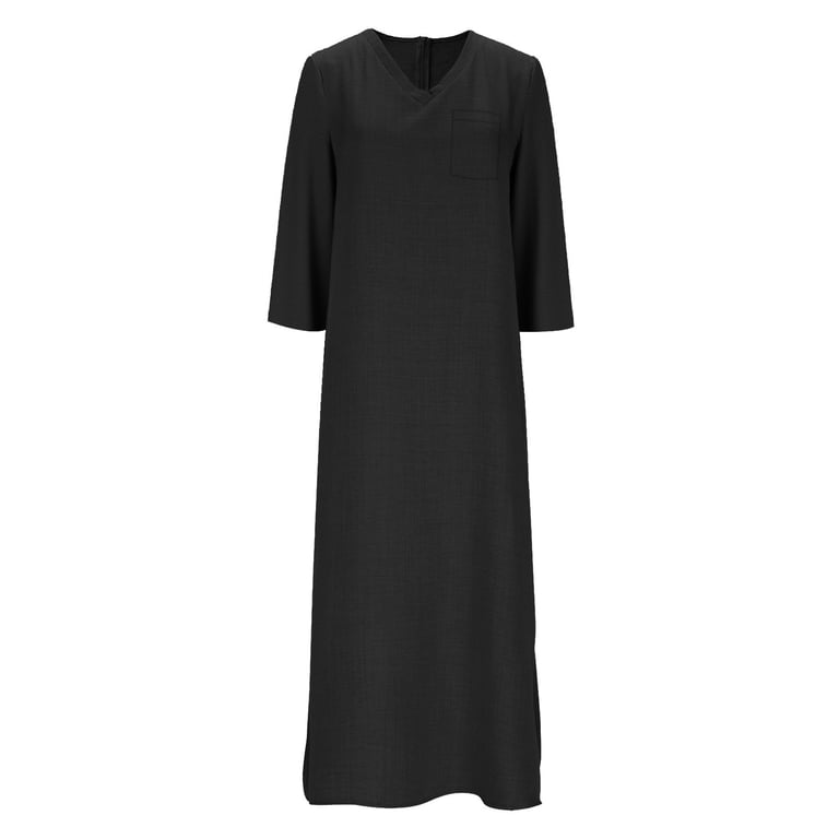 Vekdone Linen Maxi Dress for Women Summer 3/4 Sleeve V-Neck Boho Long Dress Elegant Solid Color Loose Fit A-Line Dress Black M, Women's, Size: Medium Vekdone Linen Maxi Dress for Women Summer 3/4 Sleeve V-Neck Boho Long Dress Elegant Solid Color Loose Fit A-Line Dress Black M, Women's, Size: Medium