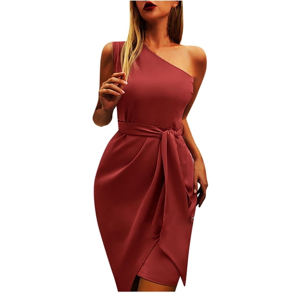 Nuoqisi Women's Summer Solid Color Sleeveless Asymmetric Shoulder Tie-Detail Evening Dress - Elegant Gown with Unique Neckline for Formal Events