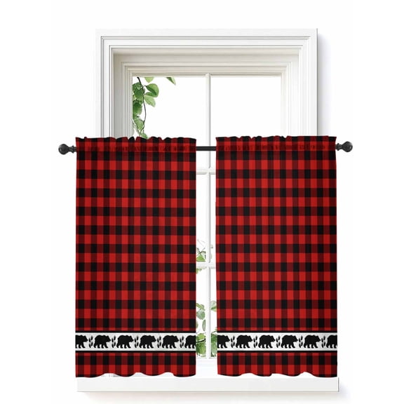 Red Black Plaid Curtains 45 Inch Length,Sheer Curtains for Bedroom Living Room Window Country Vintage Bear Buffalo Gingham Rod Pocket Voile Drapes Kitchen Curtains Small Half Window 52"x45" 2 Panels