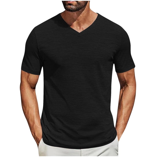 Pullover de Manga Corta para Hombres de Moda Casual Color Sólido V-Cuello Top Blusas, Poliéster Verano