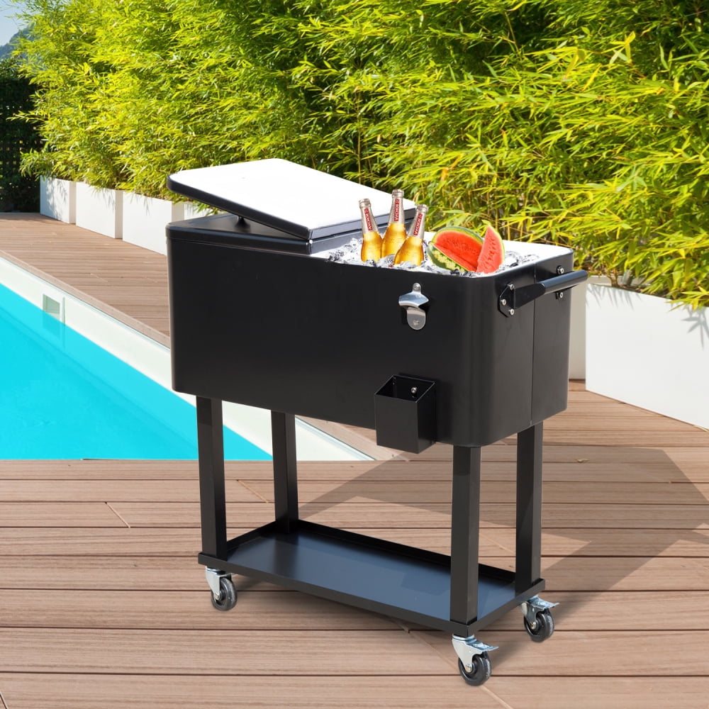 ZHICHUN 80 QT Rolling Cooling Bin Ice Chest Cart Black Outdoor Stand-Up Drink Cooler with Lockable Wheels Built-in Bottle Opener & Drain Plug for Party Backyard Poolside