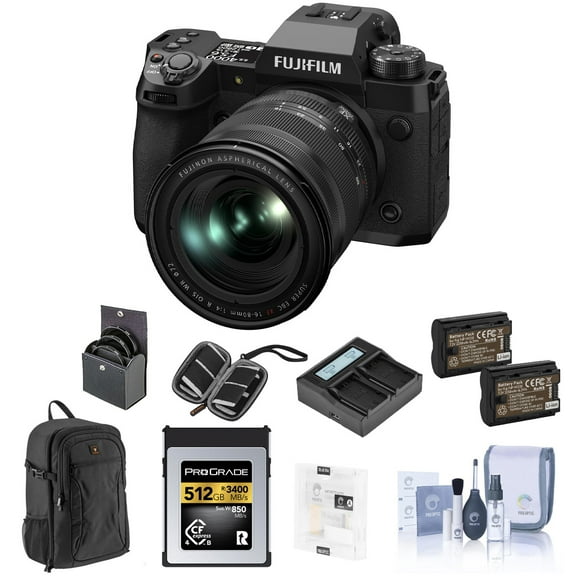Fujifilm X-H2 Camera with XF 16-80mm f/4.0 R OIS WR Lens Bundle with 512GB CFexpress Card, 2x Extra Battery, Charger, Camera Backpack, Screen Protector, 72mm Filter Kit, SD Card Case, Cleaning Kit