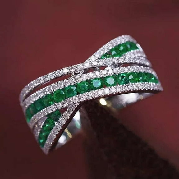 1.00CT Green Emerald 925 Silver Crisscross Engagement Ring 14k White Gold Plated