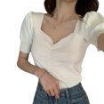 thumbnail image 2 of Camisas de manga corta con cuello en V para mujer, blusa de punto de manga corta para uso diario casual y citas, 2 of 5