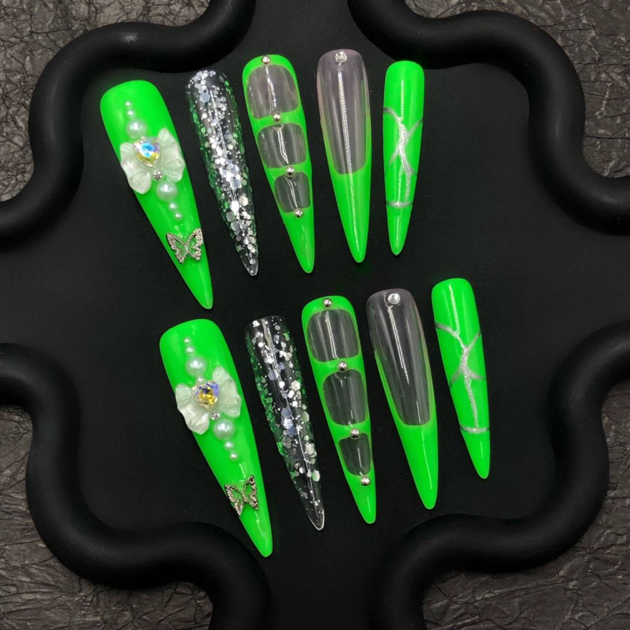 10PCS Neon Green Transparent Stiletto Press-On Nails with 3D Rhinestones & Glitter Extra Long Sculpted Design