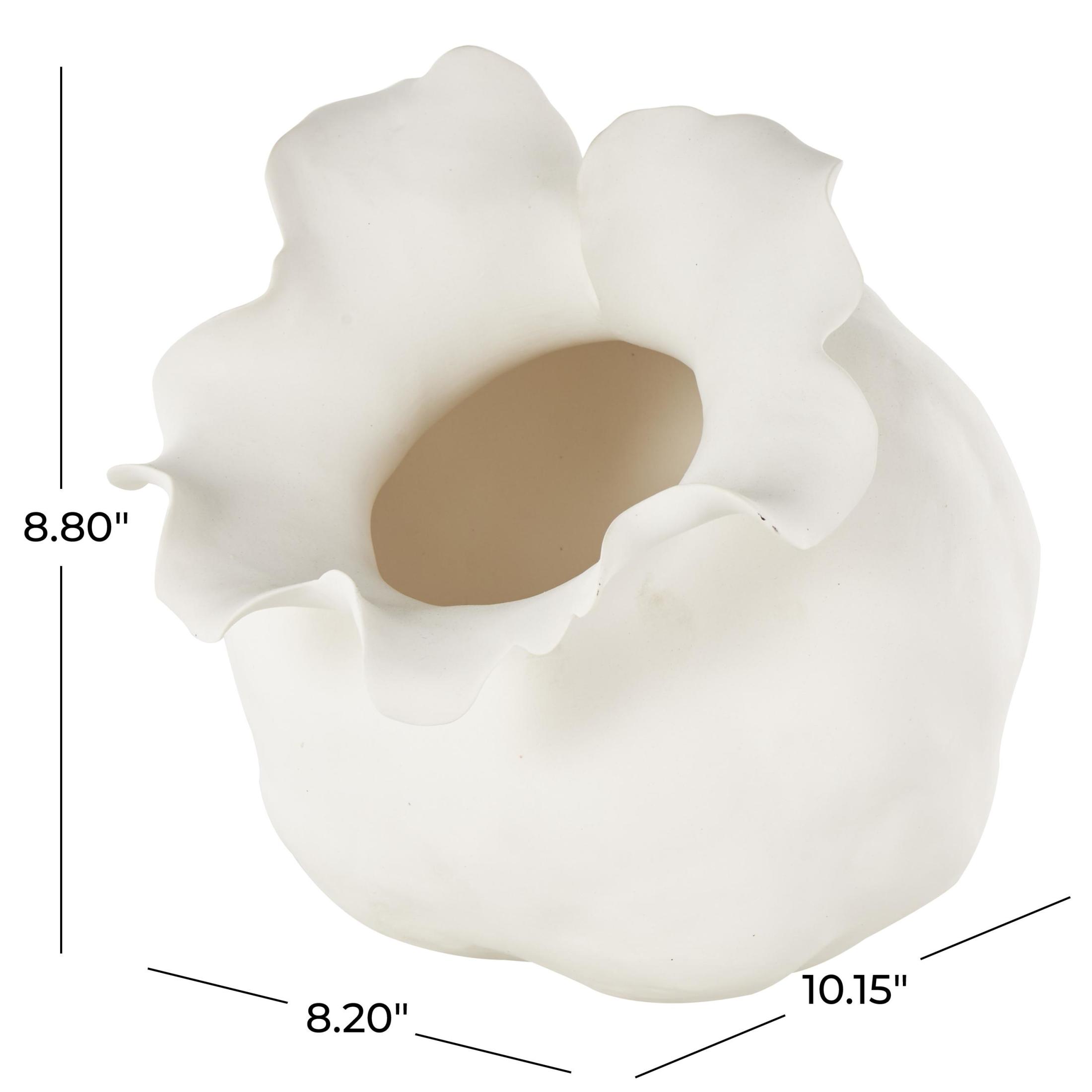 DecMode 9" Abstract Wide Rounded Floral Shaped White Ceramic Vase with Petal Rim