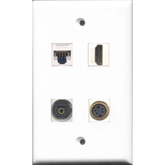 RiteAV 1 Port HDMI and 1 Port S-Video and 1 Port Toslink and 1 Port Cat5e Ethernet White Wall Plate
