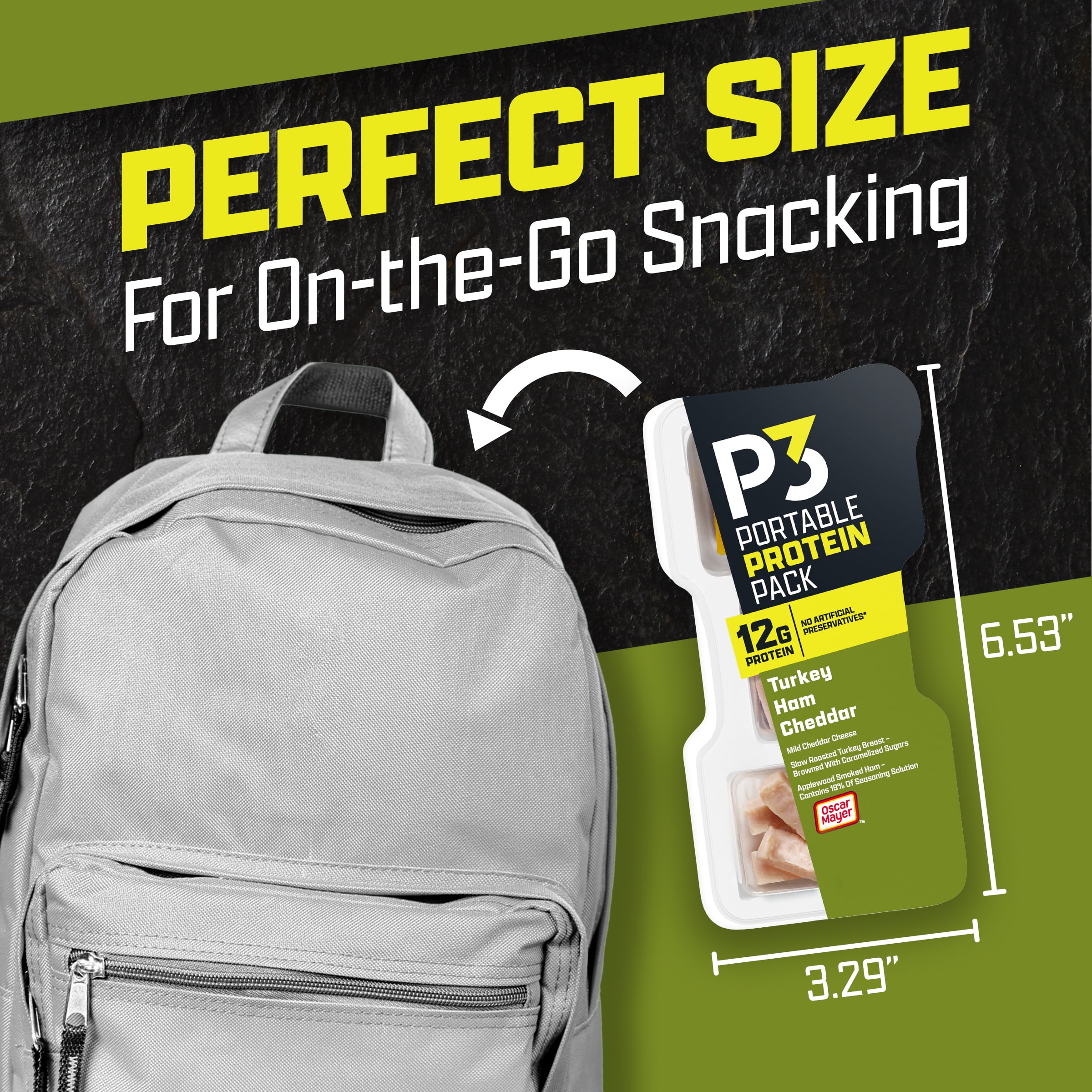 P3 Portable Protein Snack Pack with Turkey, Ham & Cheddar Cheese, 2.3 oz Tray