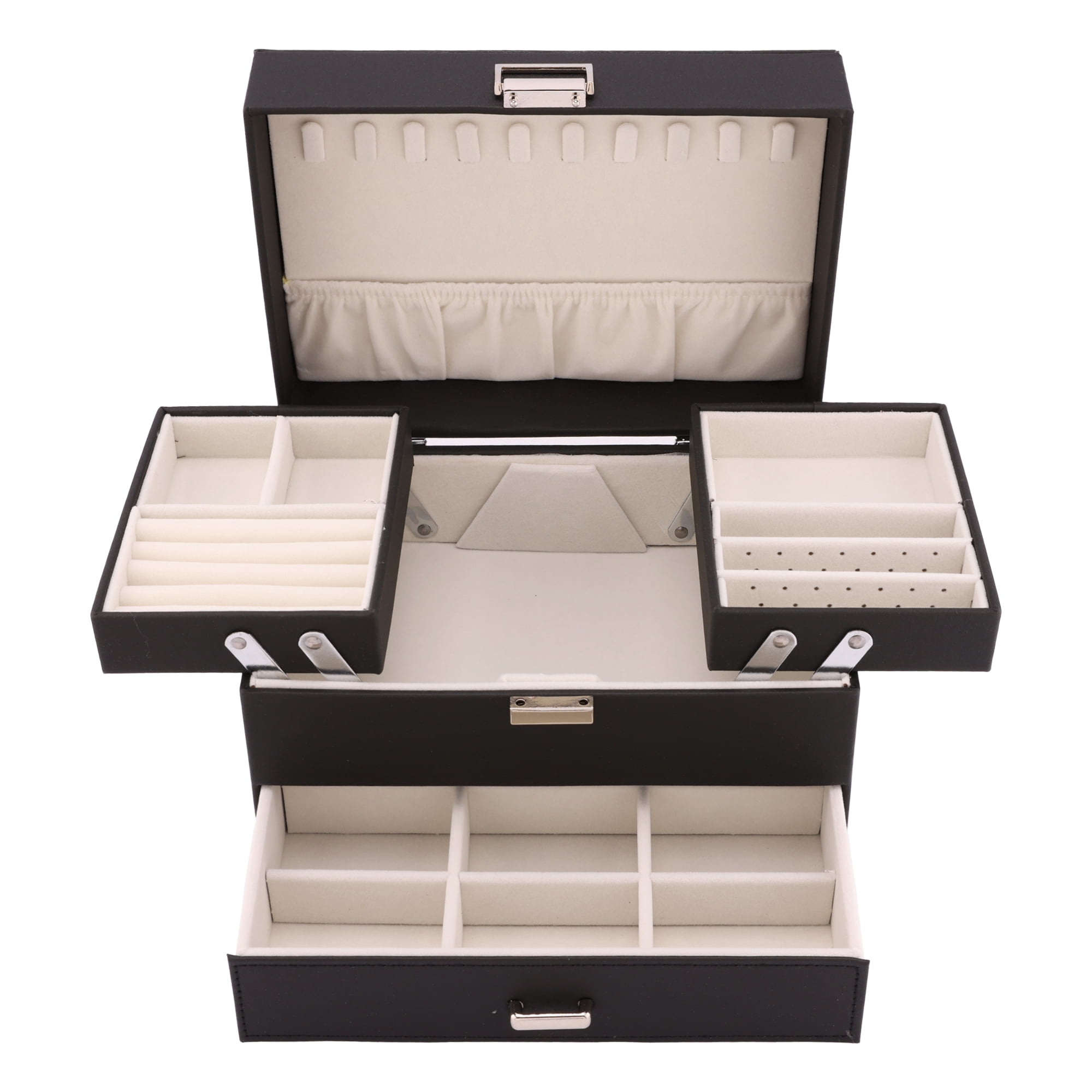 Unique Bargains 3 Layer Jewelry Box PU Leather Organizer Black