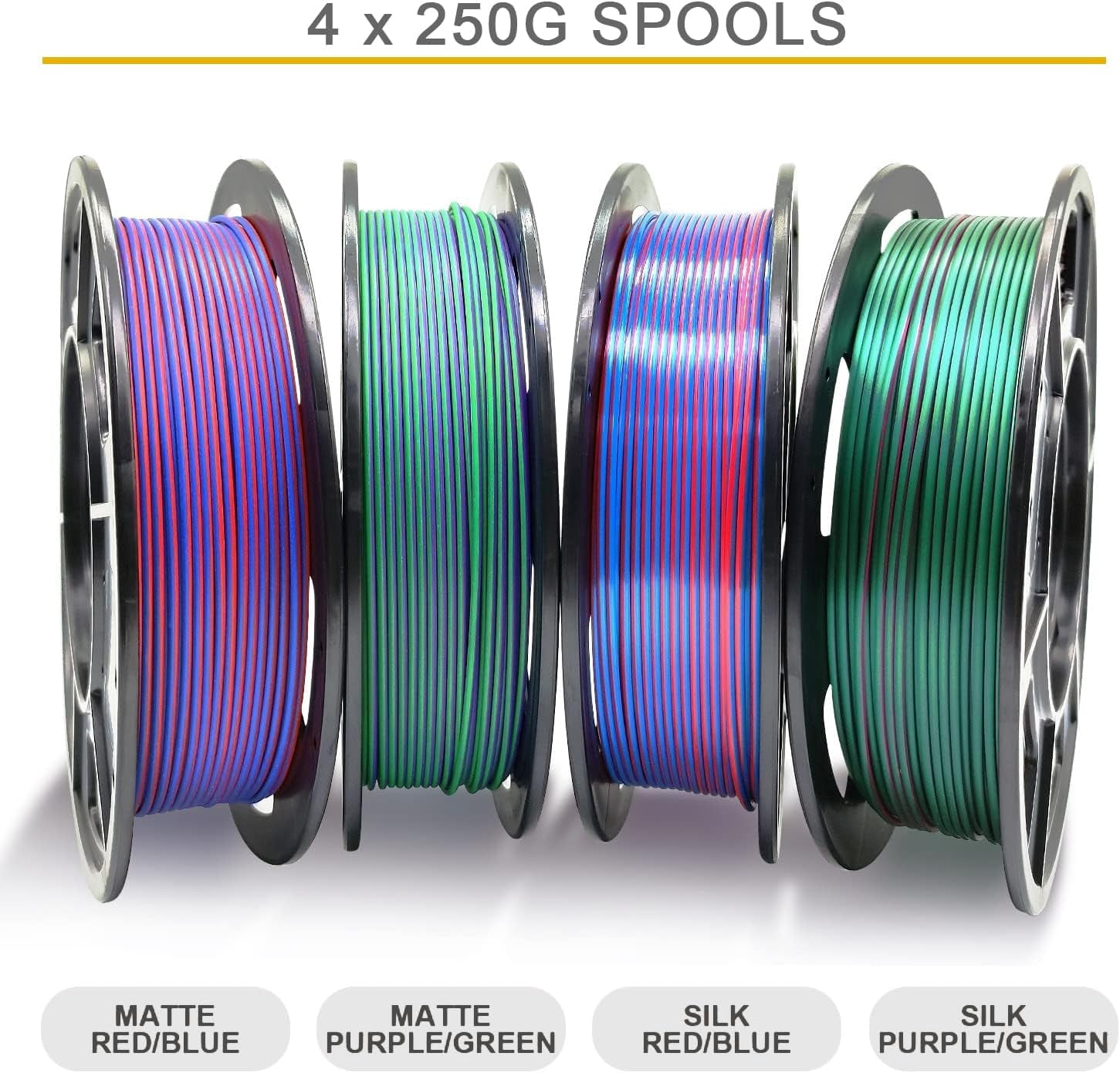 Reprapper 4X 250g Color Pack, Dual Filament Coextrusion PLA 1.75mm for 3D Printer, 4 x Spools Matte Red/Blue, Purple/Green, Silk Purple/Green